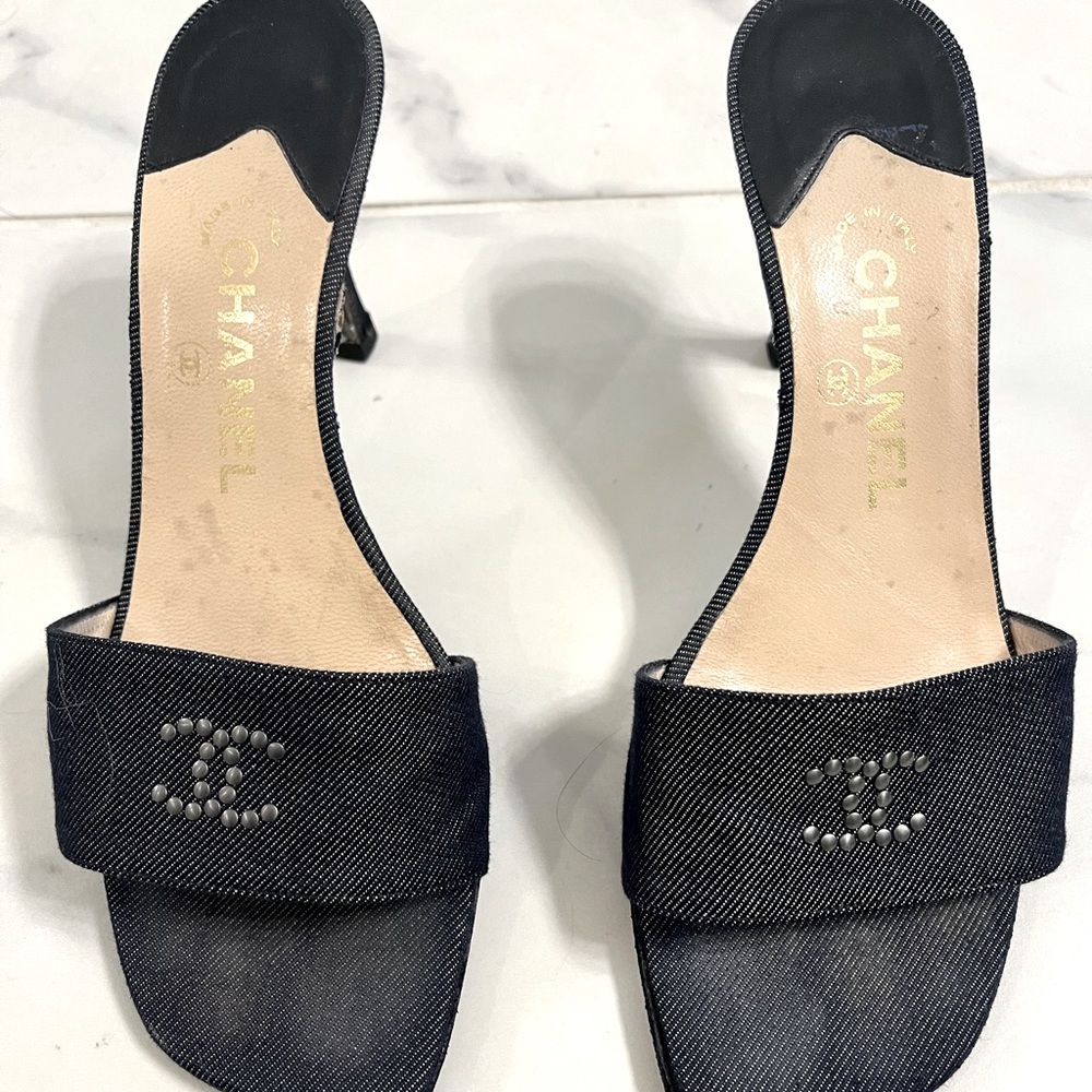 Women’s Chanel denim high heel sandals size 7